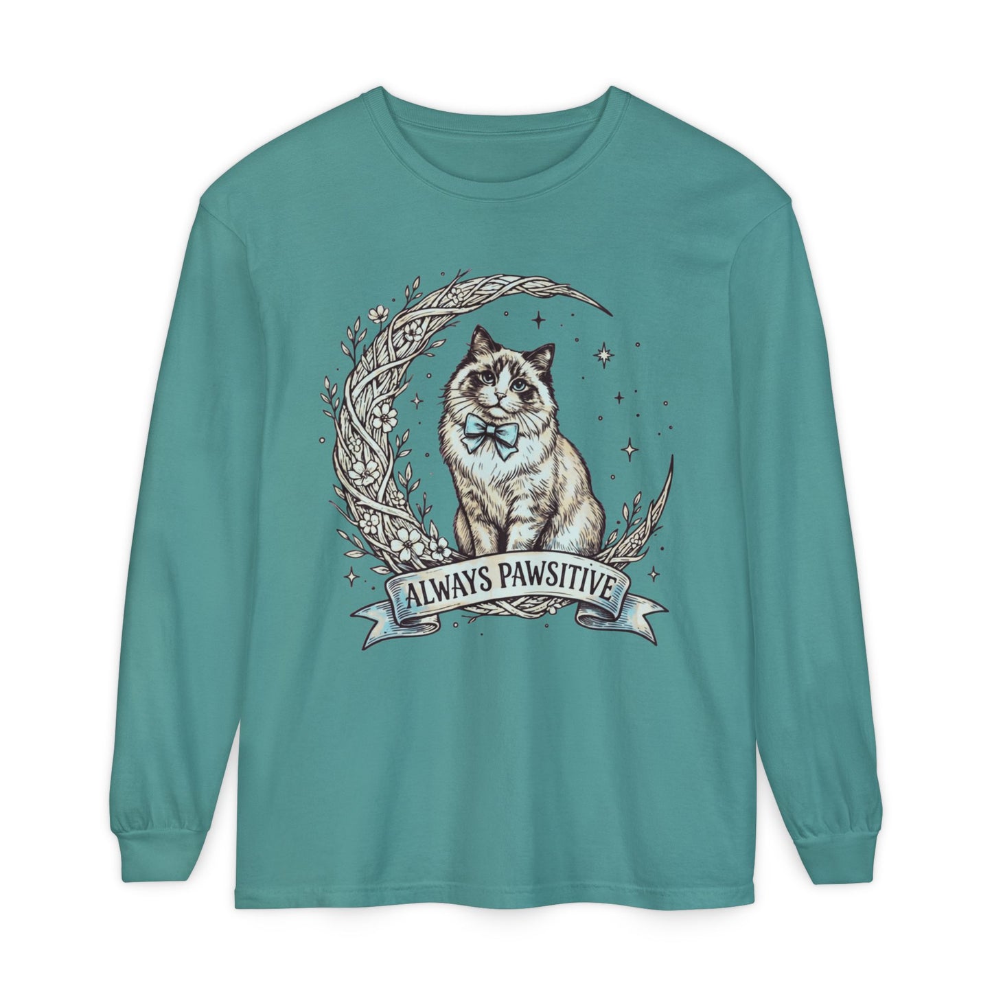 Unisex Adult 'Always Pawsitive' Cat Design Long Sleeve Tee — Cute Ragdoll Cat Graphic Shirt (Additional Colors)