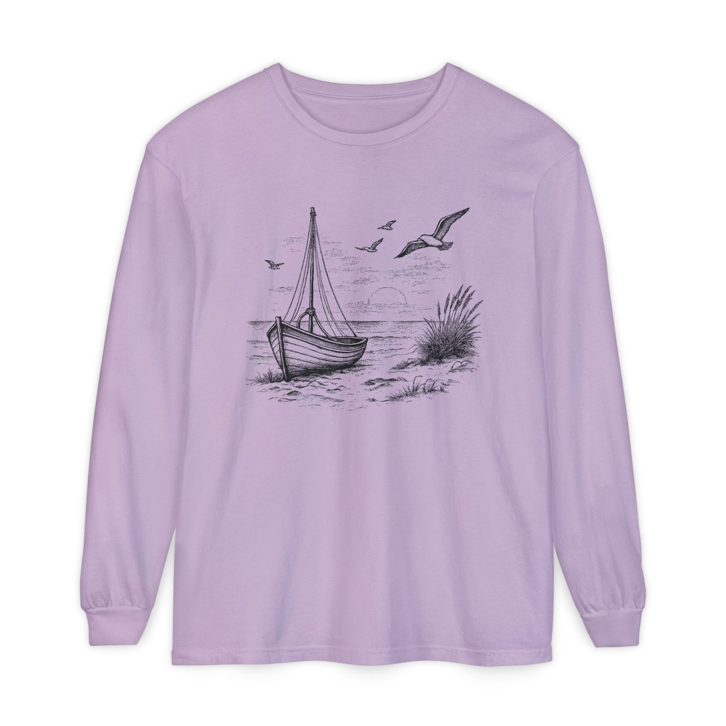 Nautical Sailboat & Beach Sketch Design Long Sleeve Tee - 'Set Your Course by the Stars Not the Storm' (Additional Colors)