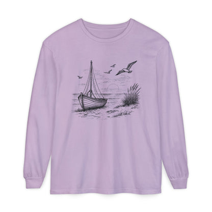 Nautical Sailboat & Beach Sketch Design Long Sleeve Tee - 'Set Your Course by the Stars Not the Storm' (Additional Colors)
