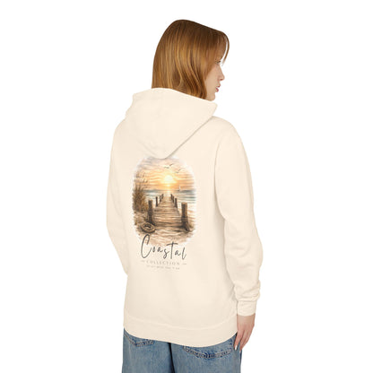 Unisex Adult Coastal Weathered Dock Sunrise Hoodie — 'Drift With the Tide' Graphic w/ Front Logo Lightweight Hooded Sweatshirt (Additional Color)