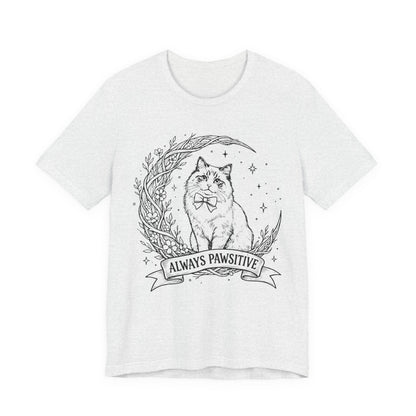 Unisex Adult Cute Cat & Moon Design T-Shirt — “Always Pawsitive” Retro Moon Cat Graphic Tee (Additional Colors)