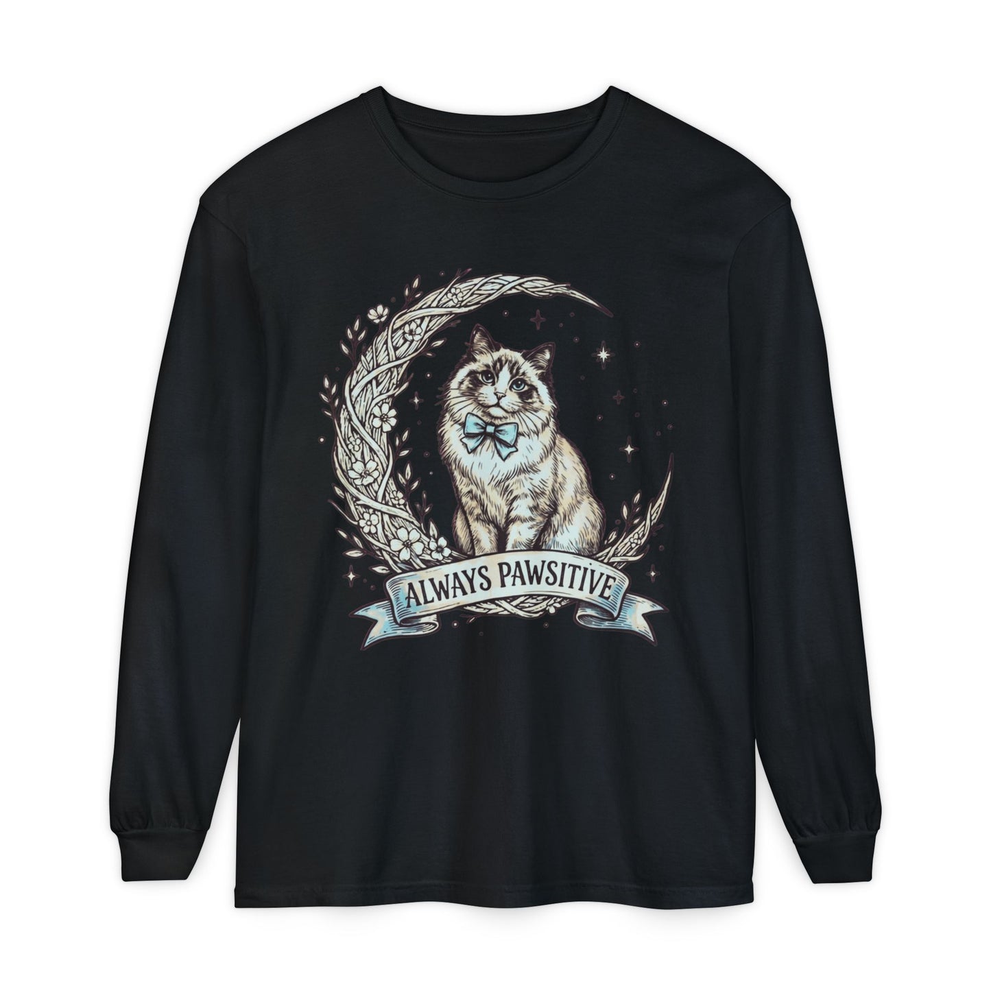 Unisex Adult 'Always Pawsitive' Cat Design Long Sleeve Tee — Cute Ragdoll Cat Graphic Shirt (Additional Colors)