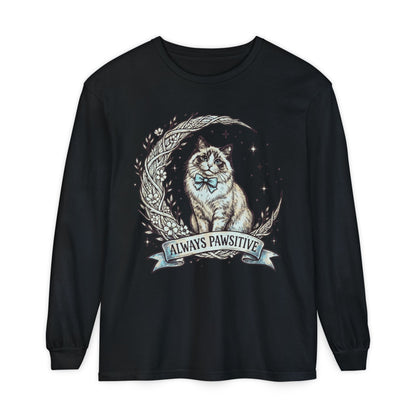 Unisex Adult 'Always Pawsitive' Cat Design Long Sleeve Tee — Cute Ragdoll Cat Graphic Shirt (Additional Colors)