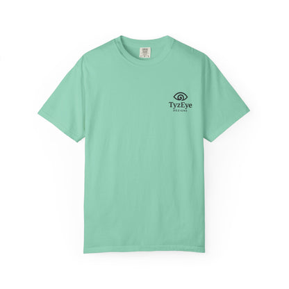 Unisex Adult Sunset Beach Scene II Back Design T-Shirt — Tropical Palm Tree 'Lost In the Horizon' Graphic w/ Logo Front (Additional Color)