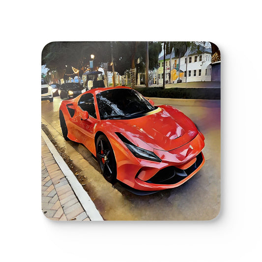 Artsy Orange-Red Sports Car Cork Coaster Set — Decorative Drink Coasters (4-Piece Set)
