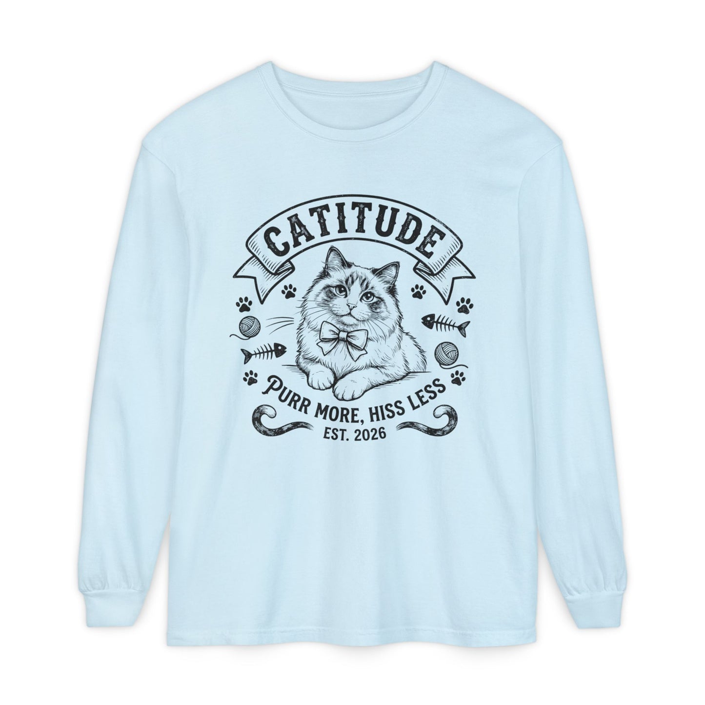 Unisex Catitude Design Long Sleeve Tee — 'Purr More, Hiss Less' Cat Lover Shirt (Additional Colors)