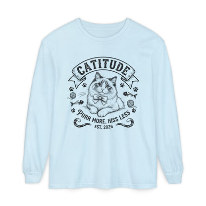 Unisex Catitude Design Long Sleeve Tee — 'Purr More, Hiss Less' Cat Lover Shirt (Additional Colors)