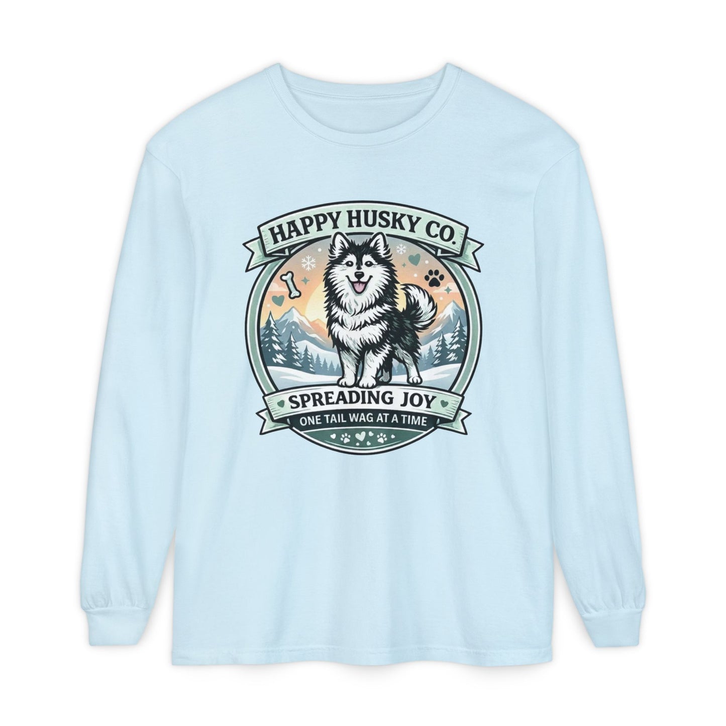 Unisex Colorful Happy Husky Co. Long Sleeve T-Shirt — 'Spreading Joy One Tail Wag At A Time' Graphic (Additional Colors)