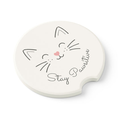 Catitude Collection Cat Face Soapstone Car Coaster — 'Stay Pawsitive' Car Cup Holder Coaster (Single or 2-Piece Set)