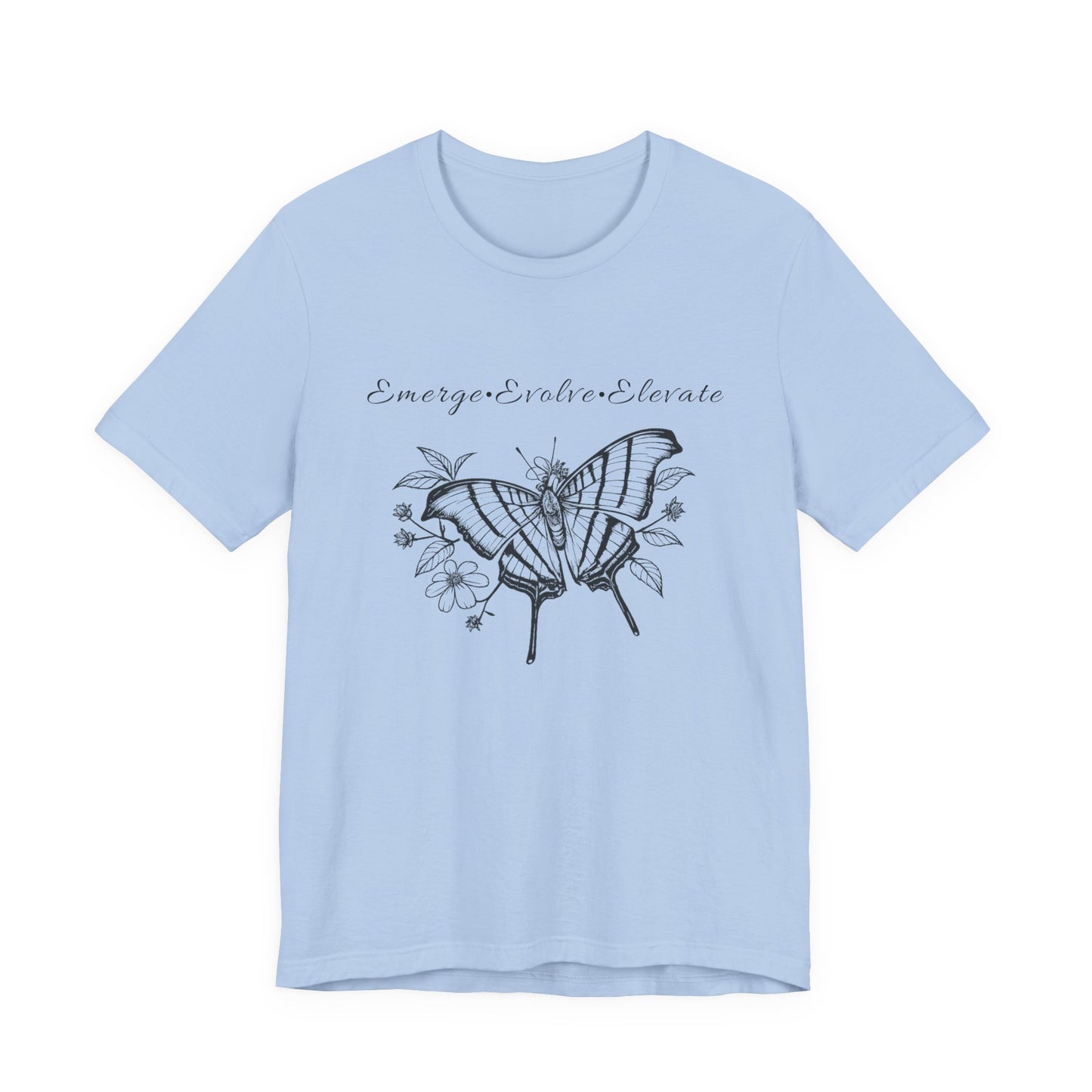Unisex Adult Butterfly & Flowers Design Short Sleeve Tee - 'Emerge Evolve Elevate' (Additional Colors)