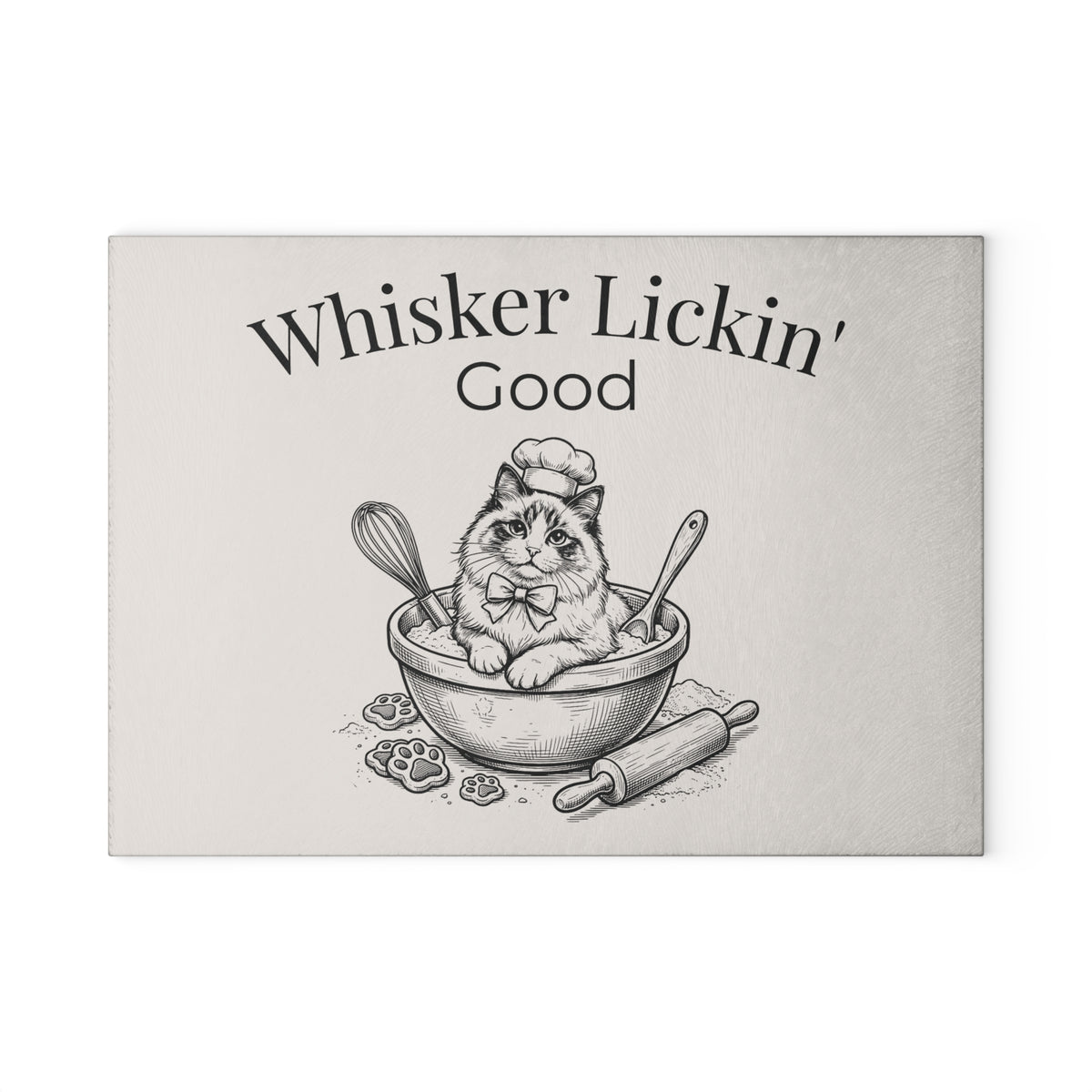 Glass Cutting Board — "Whisker Lickin' Good" Cat Chef Decorative Kitchen Board
