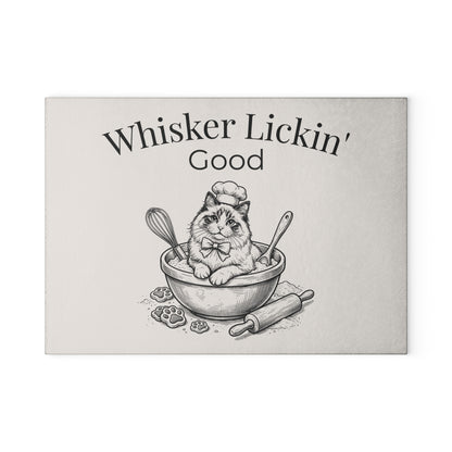 Glass Cutting Board — "Whisker Lickin' Good" Cat Chef Decorative Kitchen Board