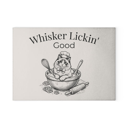 Glass Cutting Board — "Whisker Lickin' Good" Cat Chef Decorative Kitchen Board