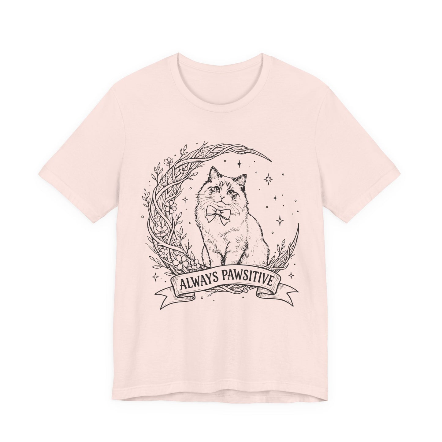 Unisex Adult Cute Cat & Moon Design T-Shirt — “Always Pawsitive” Retro Moon Cat Graphic Tee (Additional Colors)