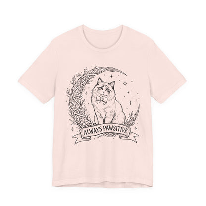 Unisex Adult Cute Cat & Moon Design T-Shirt — “Always Pawsitive” Retro Moon Cat Graphic Tee (Additional Colors)