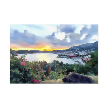 Artistic Scenic Nature Tropical Island Sunset Watercolor-Style Wall Art Print