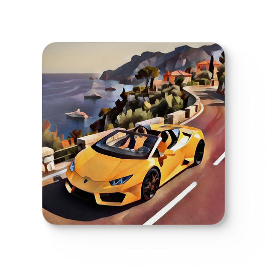 Artsy Yellow Sports Car Coast Corkwood Coaster Set — Scenic Convertible Road Trip Drink Coasters (4-Piece Set)