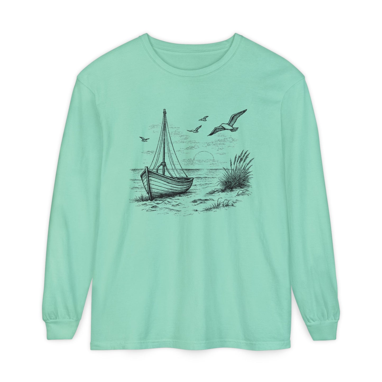 Nautical Sailboat & Beach Sketch Design Long Sleeve Tee - 'Set Your Course by the Stars Not the Storm' (Additional Colors)