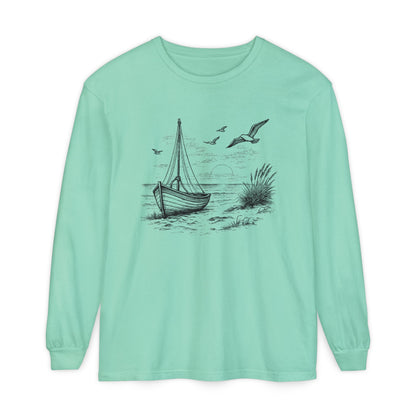 Nautical Sailboat & Beach Sketch Design Long Sleeve Tee - 'Set Your Course by the Stars Not the Storm' (Additional Colors)