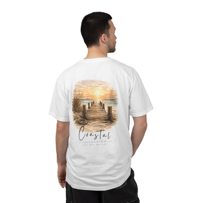Unisex Adult Coastal Weathered Dock Sunrise Back Design T-Shirt — 'Drift With the Tide'  Graphic w/ Small Wave Logo Front (Additional Color)