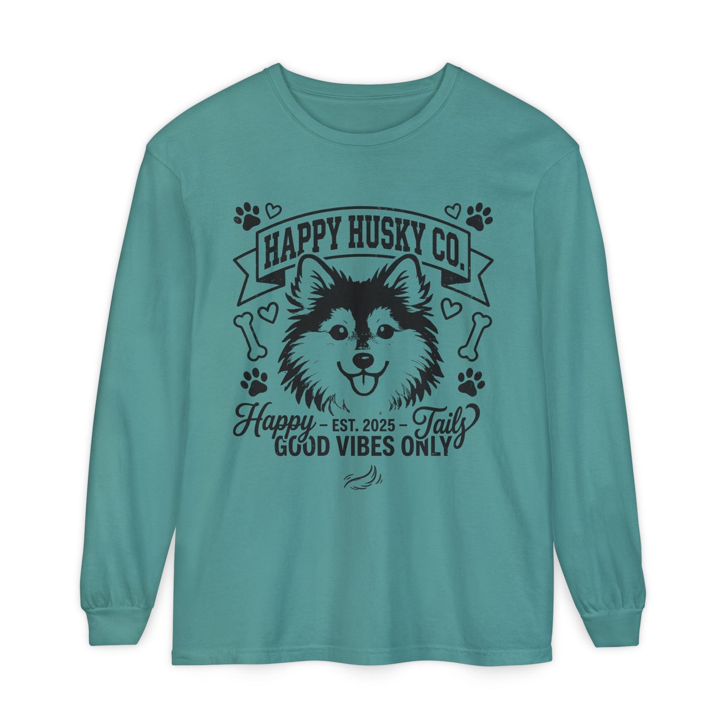 Happy Husky Co. Unisex Long Sleeve Tee — 'Happy Tails, Good Vibes Only' Dog Lover Shirt (Additional Colors)
