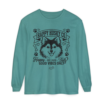 Happy Husky Co. Unisex Long Sleeve Tee — 'Happy Tails, Good Vibes Only' Dog Lover Shirt (Additional Colors)