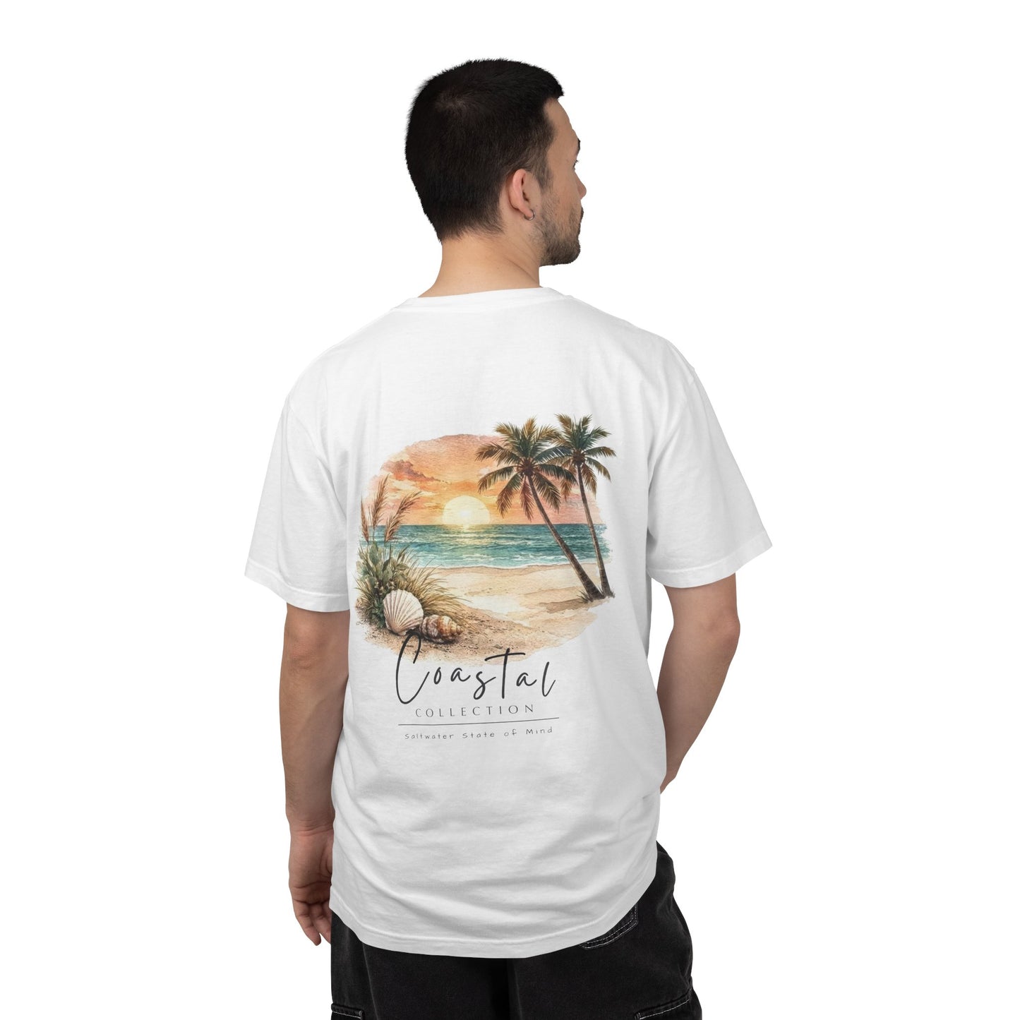 Unisex Adult Sunset Beach Scene Back Design T-Shirt — Tropical Palm Tree 'Saltwater State of Mind' Graphic w/ Logo Front (Additional Color)