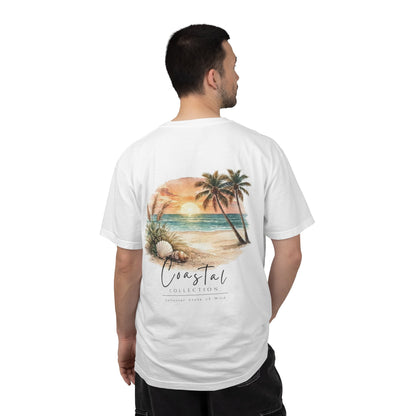 Unisex Adult Sunset Beach Scene Back Design T-Shirt — Tropical Palm Tree 'Saltwater State of Mind' Graphic w/ Logo Front (Additional Color)
