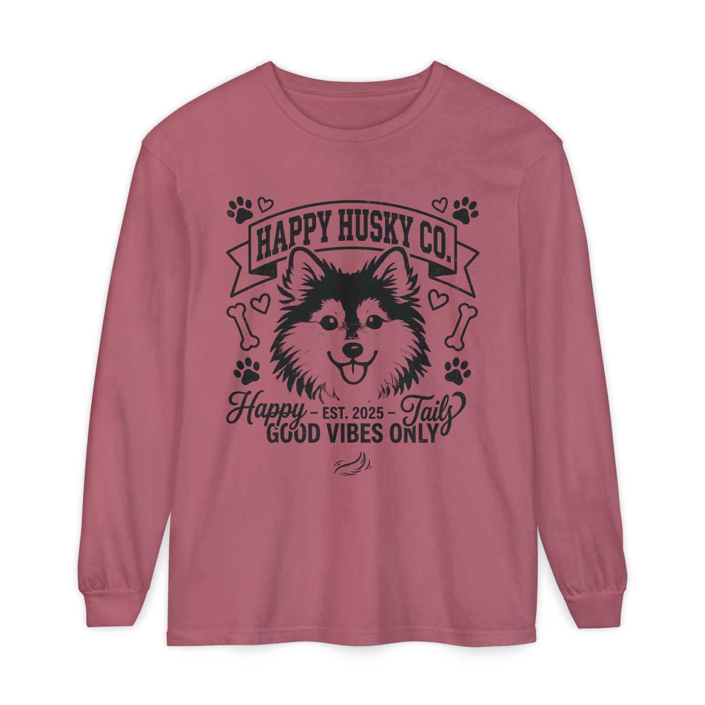 Happy Husky Co. Unisex Long Sleeve Tee — 'Happy Tails, Good Vibes Only' Dog Lover Shirt (Additional Colors)