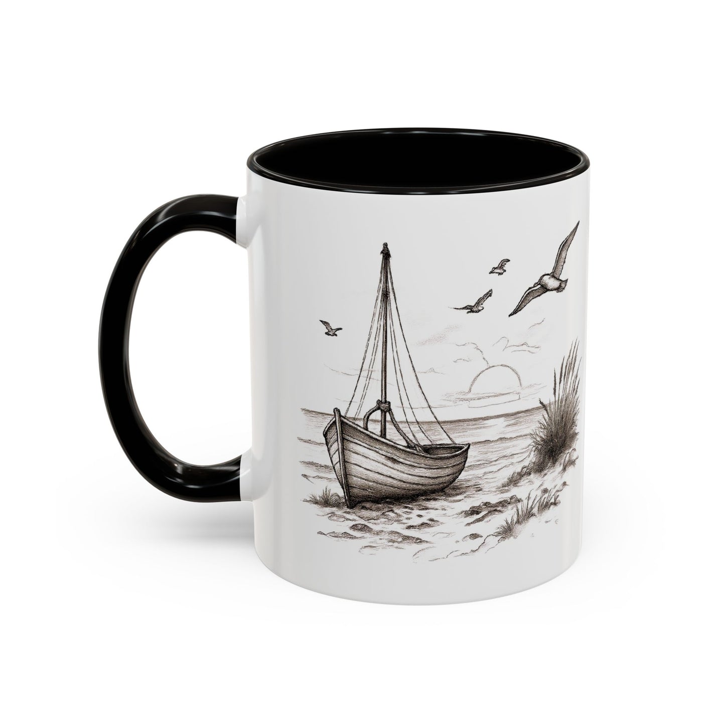 Sailboat, Beach & Horizon Nautical Design Coffee Mug — "The Horizon Is Always There" Coastal Ceramic Black Accent Mug (11oz, 15oz)