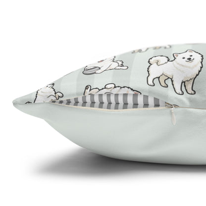 Double Sided Sage Green Samoyed Puppy With Bones, Hearts, and Paw Prints Design Pillowcase — Soft Striped Decorative Square Throw Pillow (Additional Sizes)