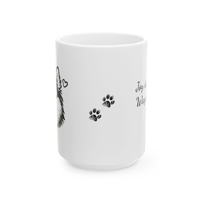 Pomsky With A Heart White Ceramic Dog Theme Mug — "Joy is contagious, Wag it forward" (11oz & 15oz)
