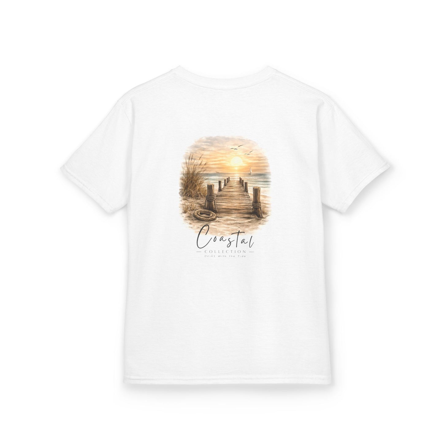Kids Coastal Weathered Dock Sunrise Back Design Tee - 'Drift With the Tide' Graphic w/ Front Logo (Additional Color)