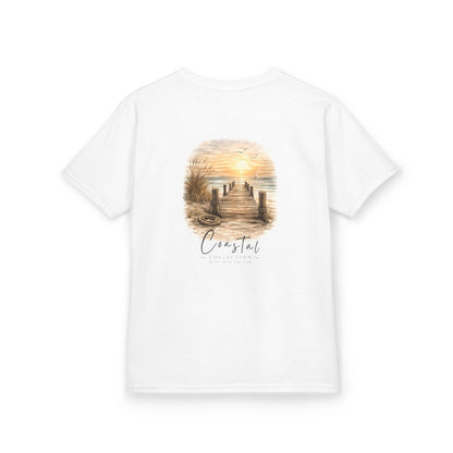 Kids Coastal Weathered Dock Sunrise Back Design Tee - 'Drift With the Tide' Graphic w/ Front Logo (Additional Color)