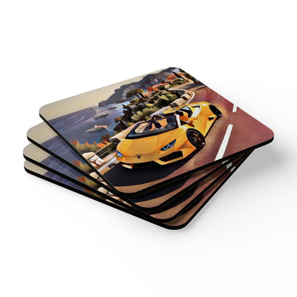 Artsy Yellow Sports Car Coast Corkwood Coaster Set — Scenic Convertible Road Trip Drink Coasters (4-Piece Set)