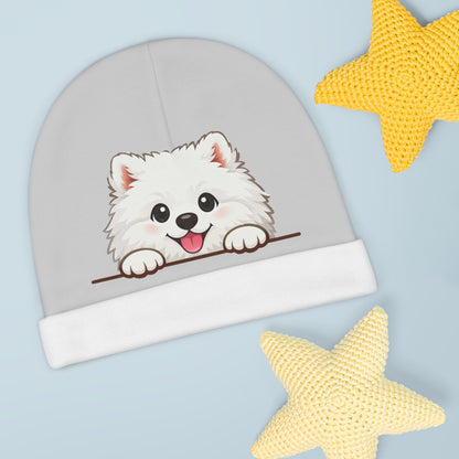 Cute Fluffy Samoyed Puppy Baby Beanie – Adorable White Dog Infant Hat