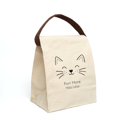 Cat Face Line Art Canvas Tote, 'Purr More Hiss Less' - Lunch Bag with Strap — Reusable Eco Tote