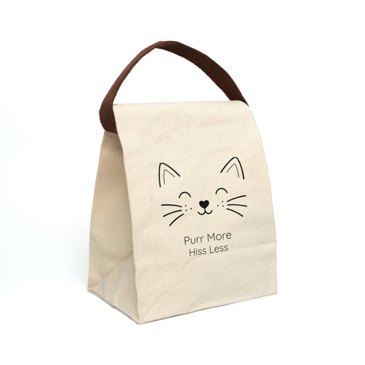 Cat Face Line Art Canvas Tote, 'Purr More Hiss Less' - Lunch Bag with Strap — Reusable Eco Tote