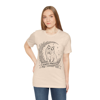 Unisex Adult Cute Cat & Moon Design T-Shirt — “Always Pawsitive” Retro Moon Cat Graphic Tee (Additional Colors)
