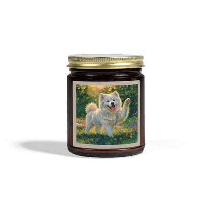 Coconut Apricot Wax Scented Candle — Joyful Samoyed Dog Design, Clear or Amber Jar (4oz or 9oz, Assorted Scents)