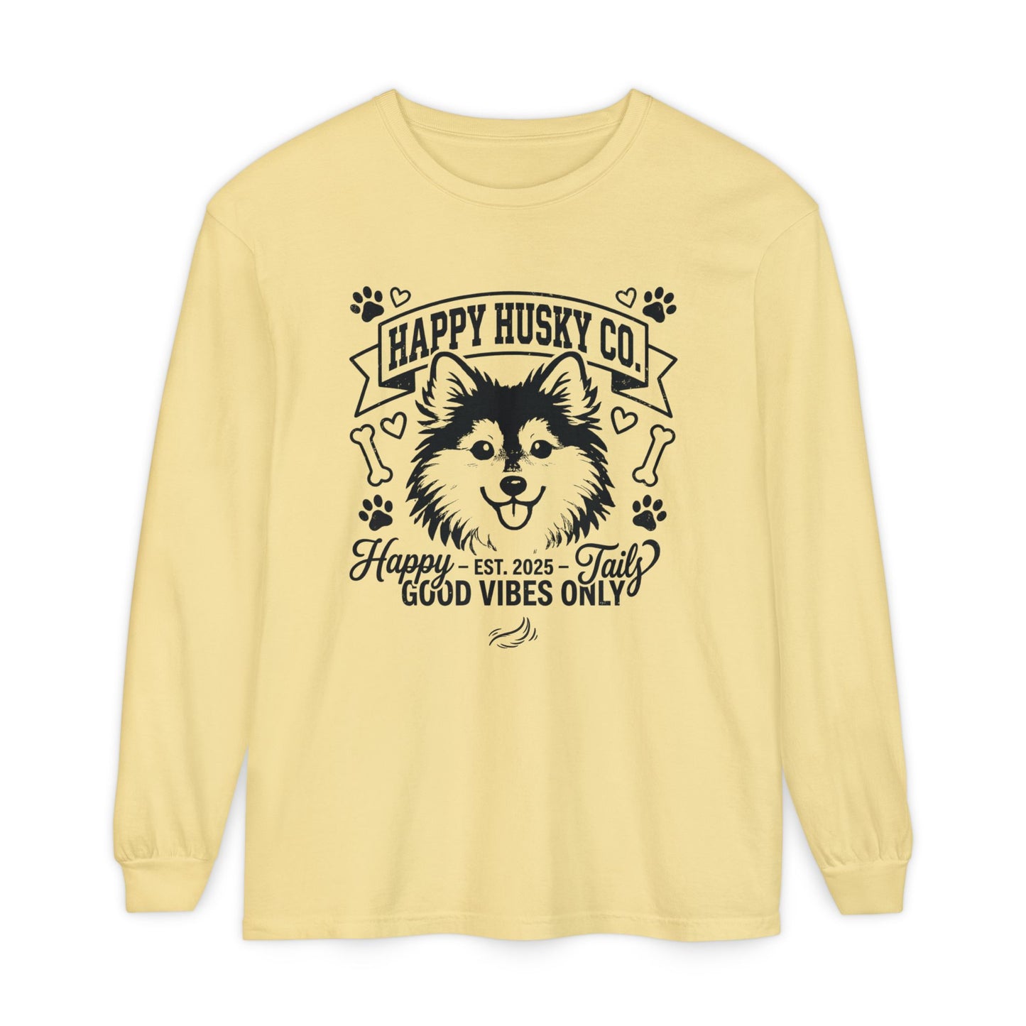 Happy Husky Co. Unisex Long Sleeve Tee — 'Happy Tails, Good Vibes Only' Dog Lover Shirt (Additional Colors)