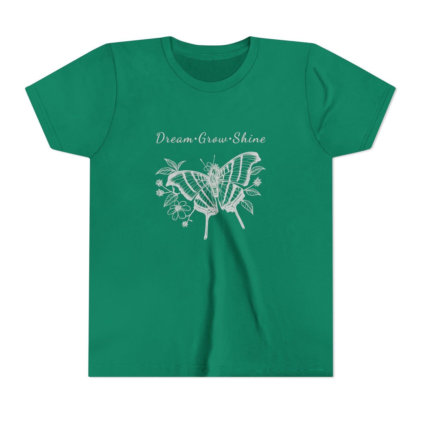Youth Unisex Butterfly & Flowers Design Short Sleeve Tee - 'Dream, Grow, Shine' Motivational Graphic (Additional Colors)