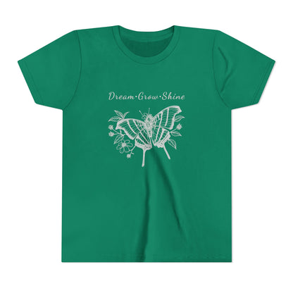 Youth Unisex Butterfly & Flowers Design Short Sleeve Tee - 'Dream, Grow, Shine' Motivational Graphic (Additional Colors)