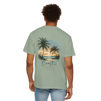Unisex Adult Sunset Beach Scene II Back Design T-Shirt — Tropical Palm Tree 'Lost In the Horizon' Graphic w/ Logo Front (Additional Color)