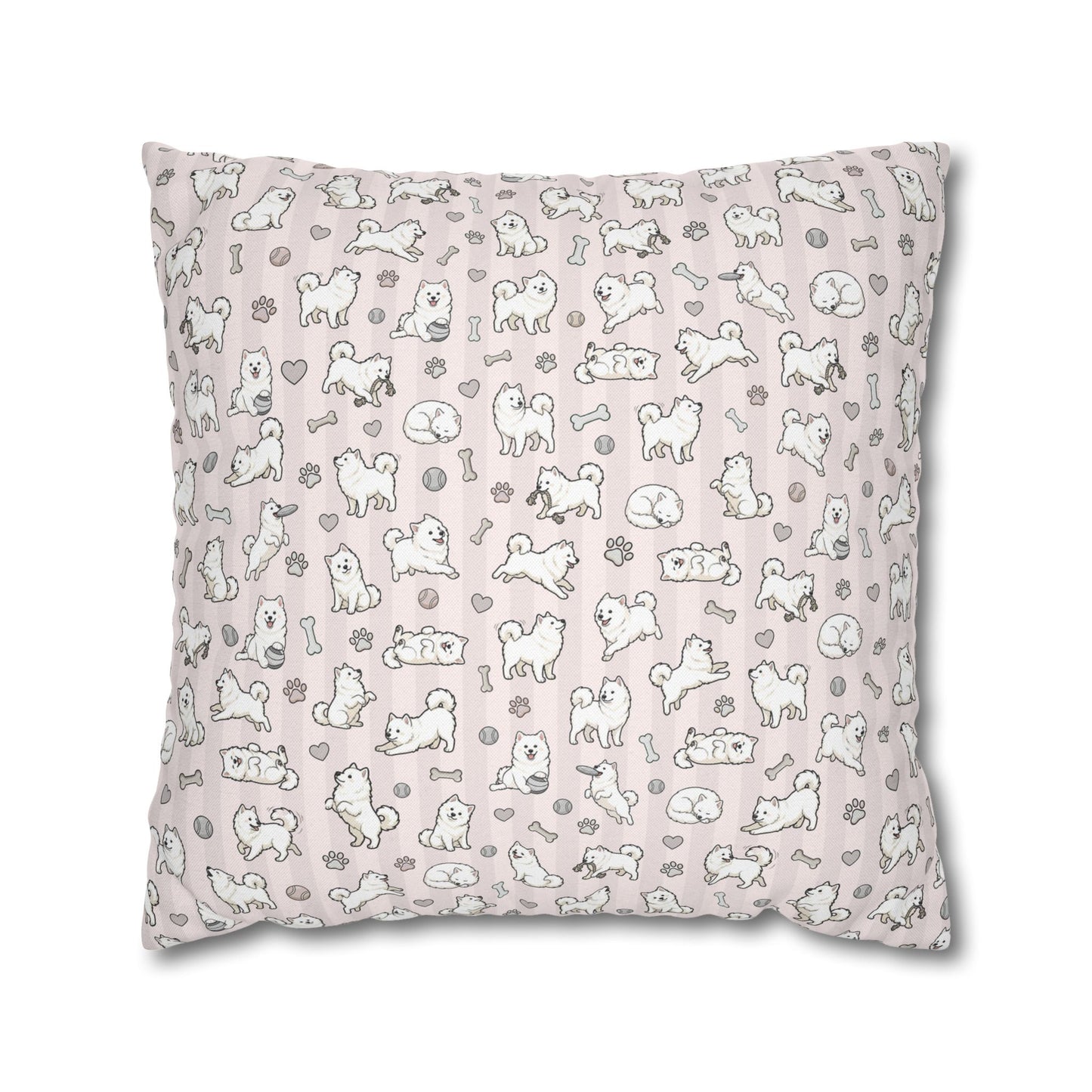 Double Sided Pink Design Samoyed Puppy With Bones, Hearts & Paw Prints Pillowcase — Decorative Square Throw Pillow (Additional Sizes)
