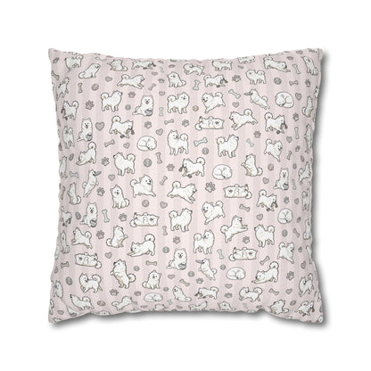Double Sided Pink Design Samoyed Puppy With Bones, Hearts & Paw Prints Pillowcase — Decorative Square Throw Pillow (Additional Sizes)