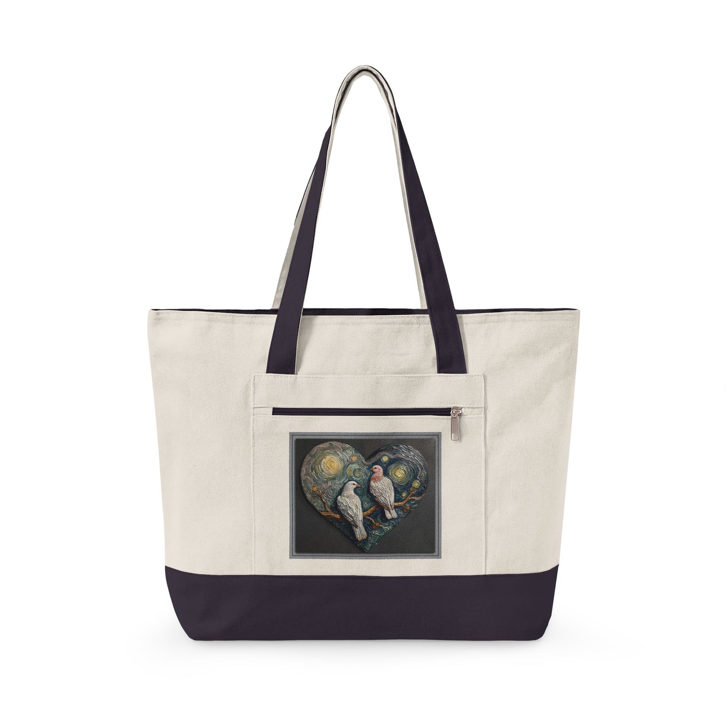 Two Doves in a Heart Zippered Canvas Tote Bag (Additional Colors)