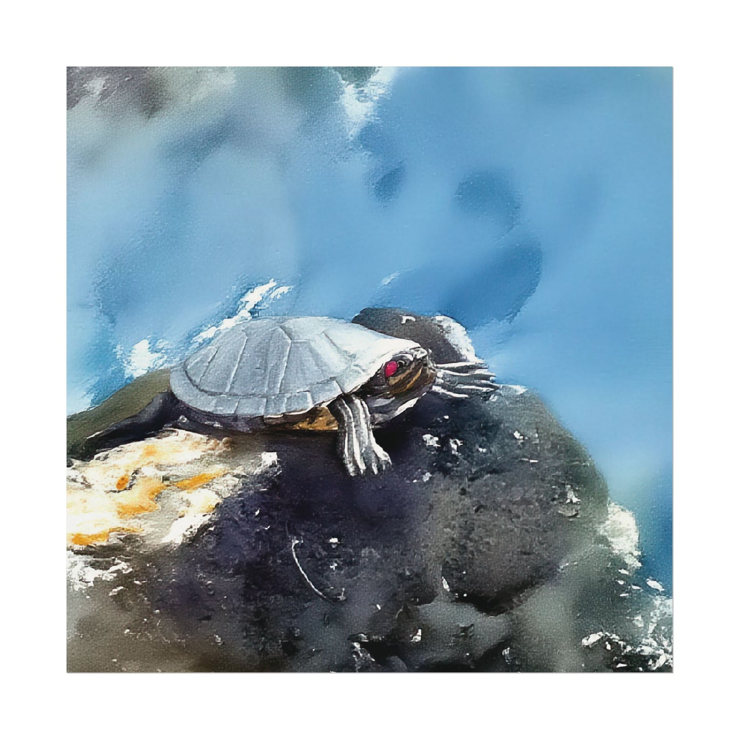 Watercolor-Style Nature-Inspired 'Turtle on the Rocks' Textured Matte Art Print
