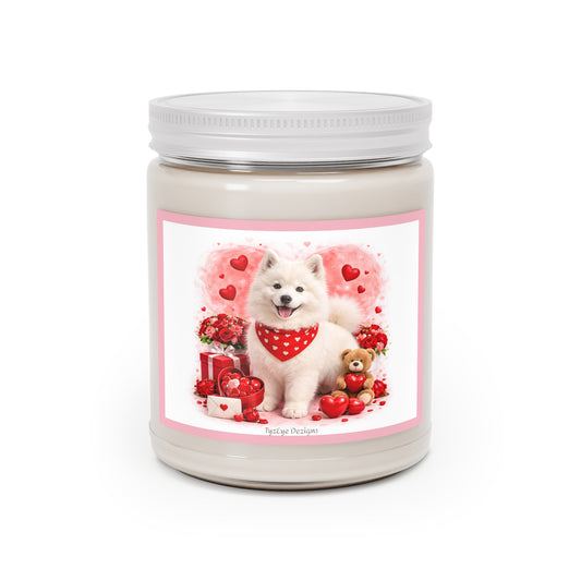Valentine Samoyed Pup Soy Candle Clear Jar, Romantic Theme with Cute Dog & Hearts, 9 oz (7.5 oz net wax, Assorted Scents)