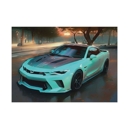 Artsy Teal Camaro Sports Car Sunset Street Scene Wall Art Print